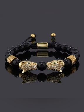 Black Beaded Gold Jaguar Head Adjustable Bracelet